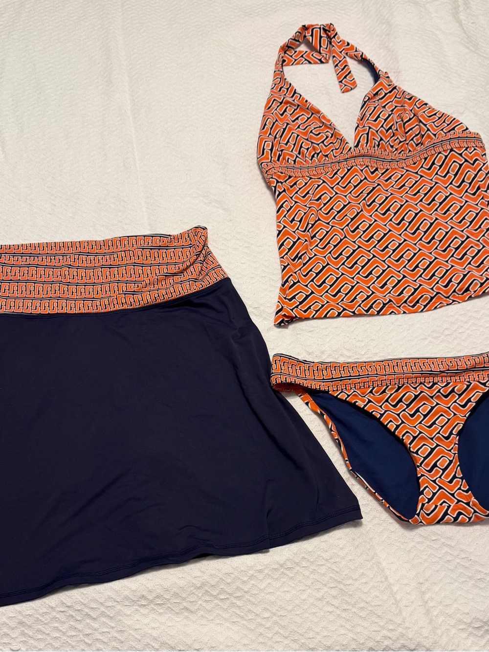 Title Nine 3-Piece Swimsuit Set Size M Orange Navy Geometric Print Halter Skirt